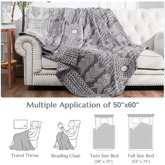 Boho 100% Cotton Blanket Muslin 50"x60" Lightweight 3-Layer Throw Blanket - Picture 4 of 7